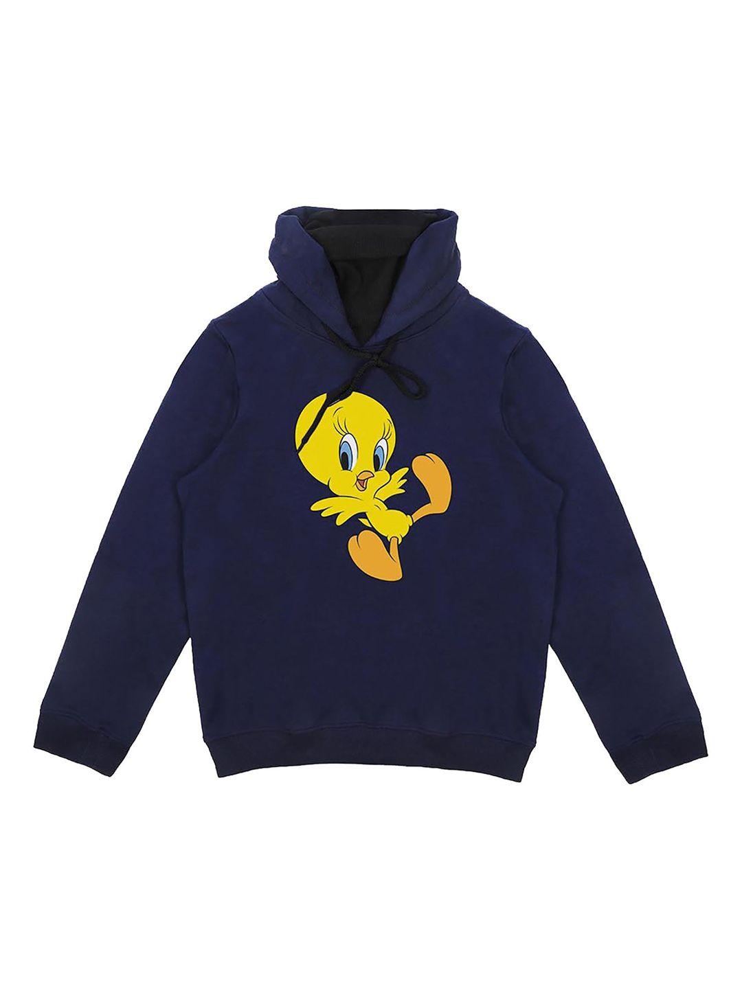 looney tunes boys navy blue printed hooded sweatshirt
