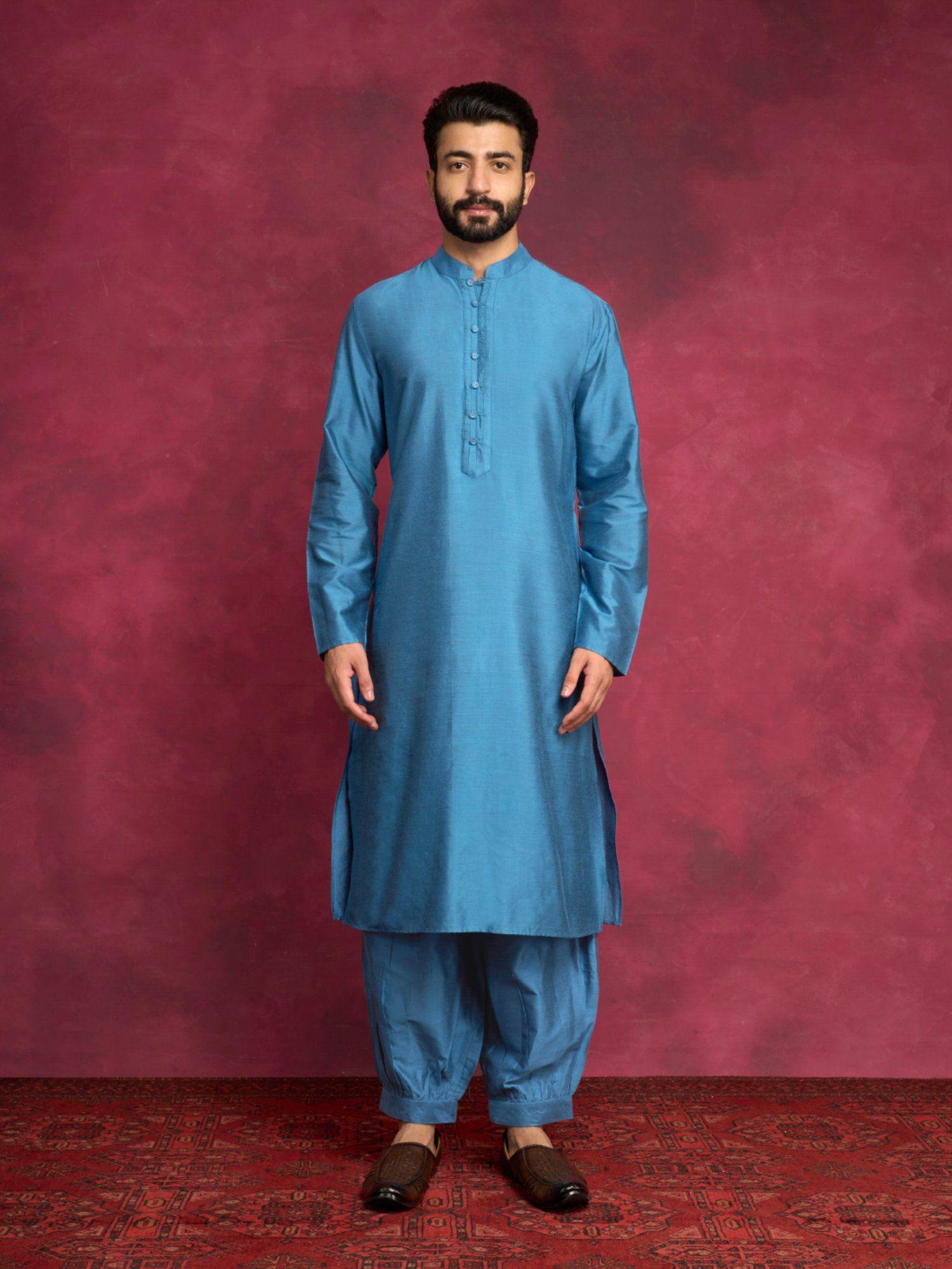 loop button closure kurta paired with pathani pants-ocean blue (set of 2)