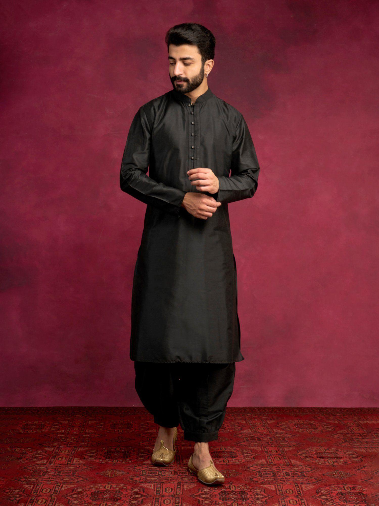 loop button closure kurta paired with pathani pants-rich black (set of 2)