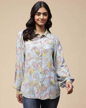 loose fit floral print shirt with puff sleeves