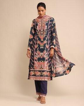 loose fit floral print straight kurta suit set