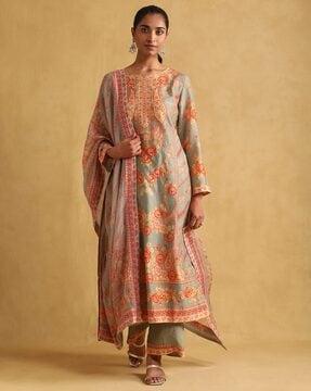 loose fit floral print straight kurta suit set