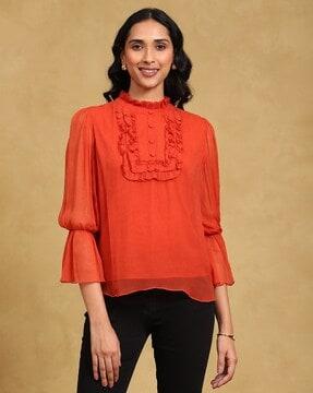 loose fit lantern sleeve ruffle top