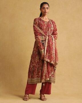 loose fit leaf print straight kurta suit set