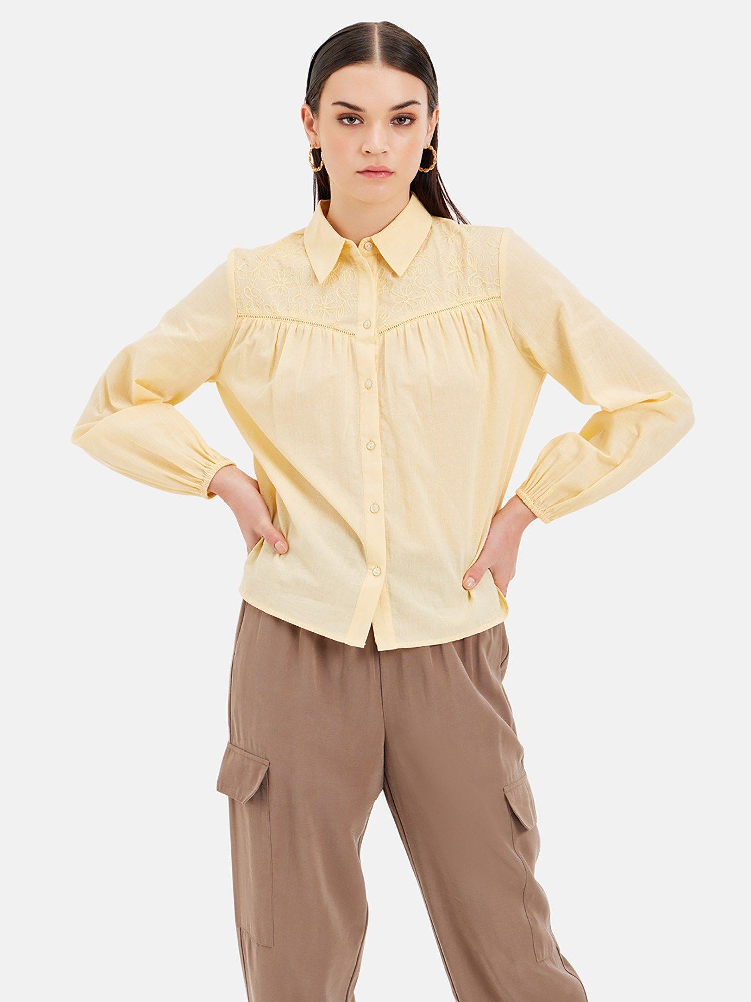 loose fit yellow shirt with tonal embroidery at yoke