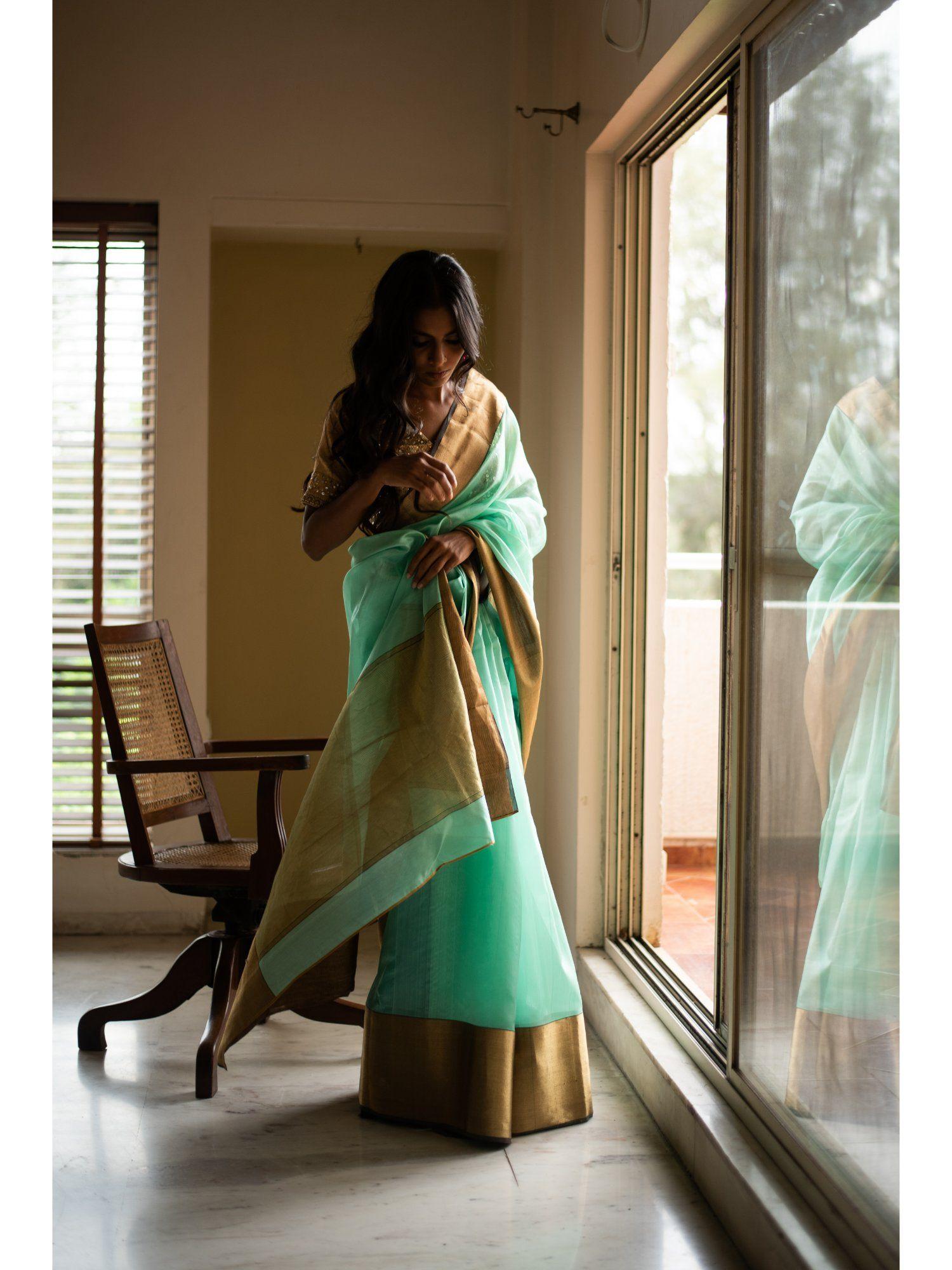 lopa aquamarine silk chanderi saree with unstitched blouse