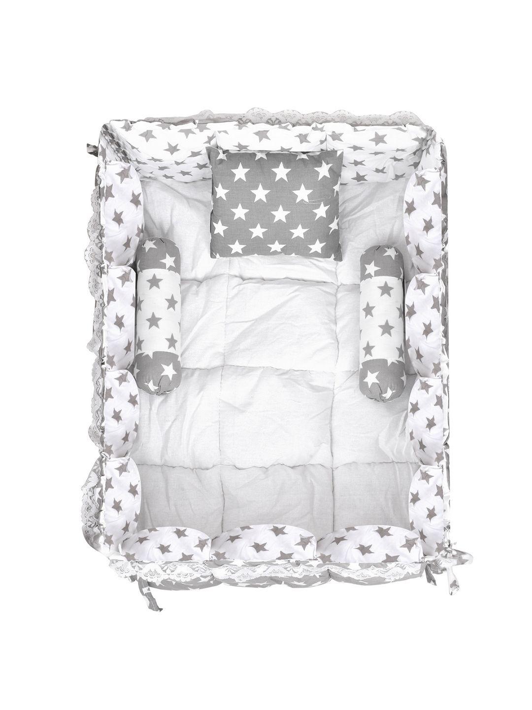 lorem infant kids grey & white printed cotton mattress set with neck pillow & bolsters