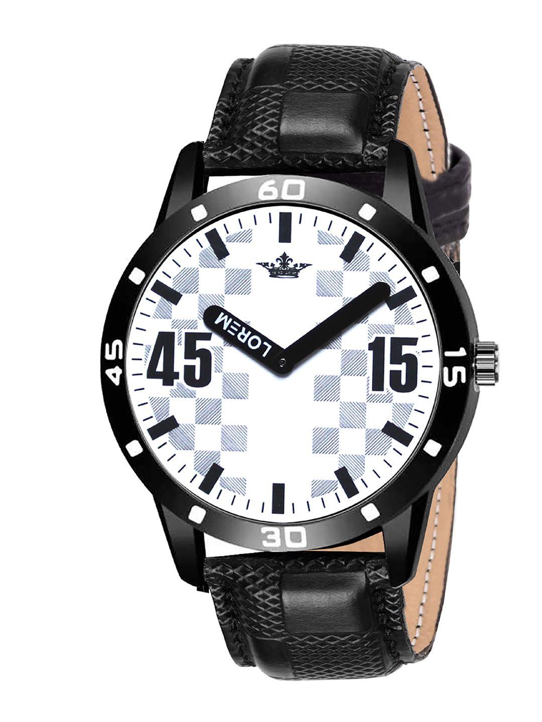 lorem men black & white leather textured straps analogue watch lr58