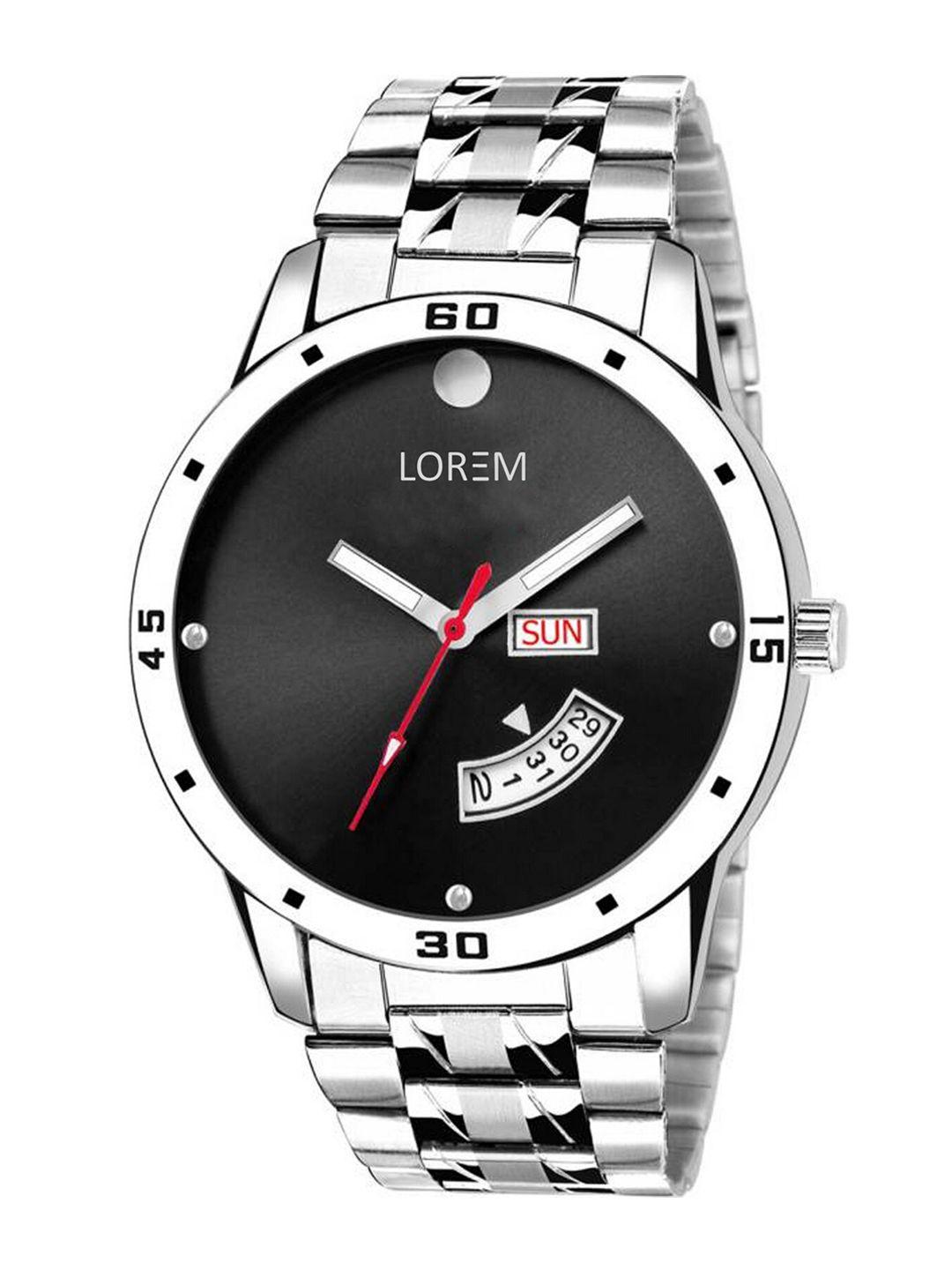 lorem men black dial & silver toned stainless steel bracelet style straps analogue watch