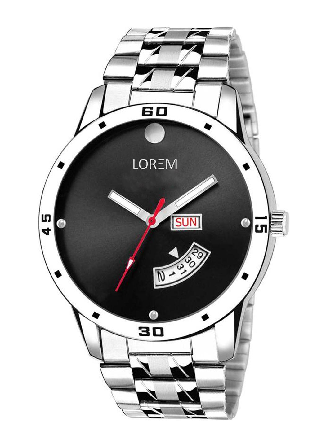 lorem men black dial & silver toned stainless steel straps analogue watch lr104