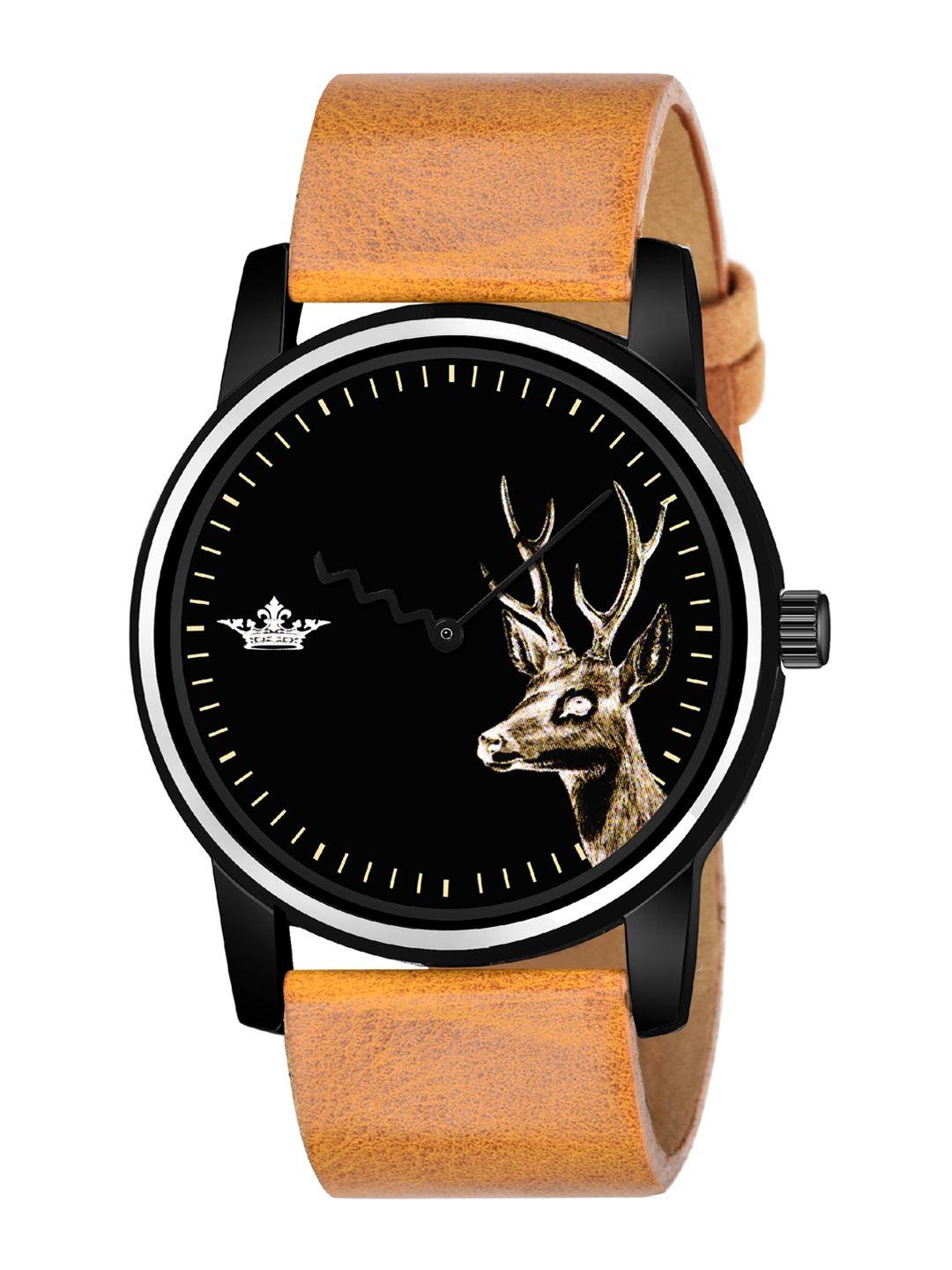 lorem men black embellished dial & orange leather straps analogue watch lr69