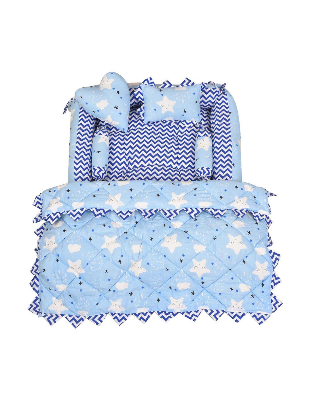 lorem infant kids blue & white printed cotton mattress set with neck pillow & bolsters