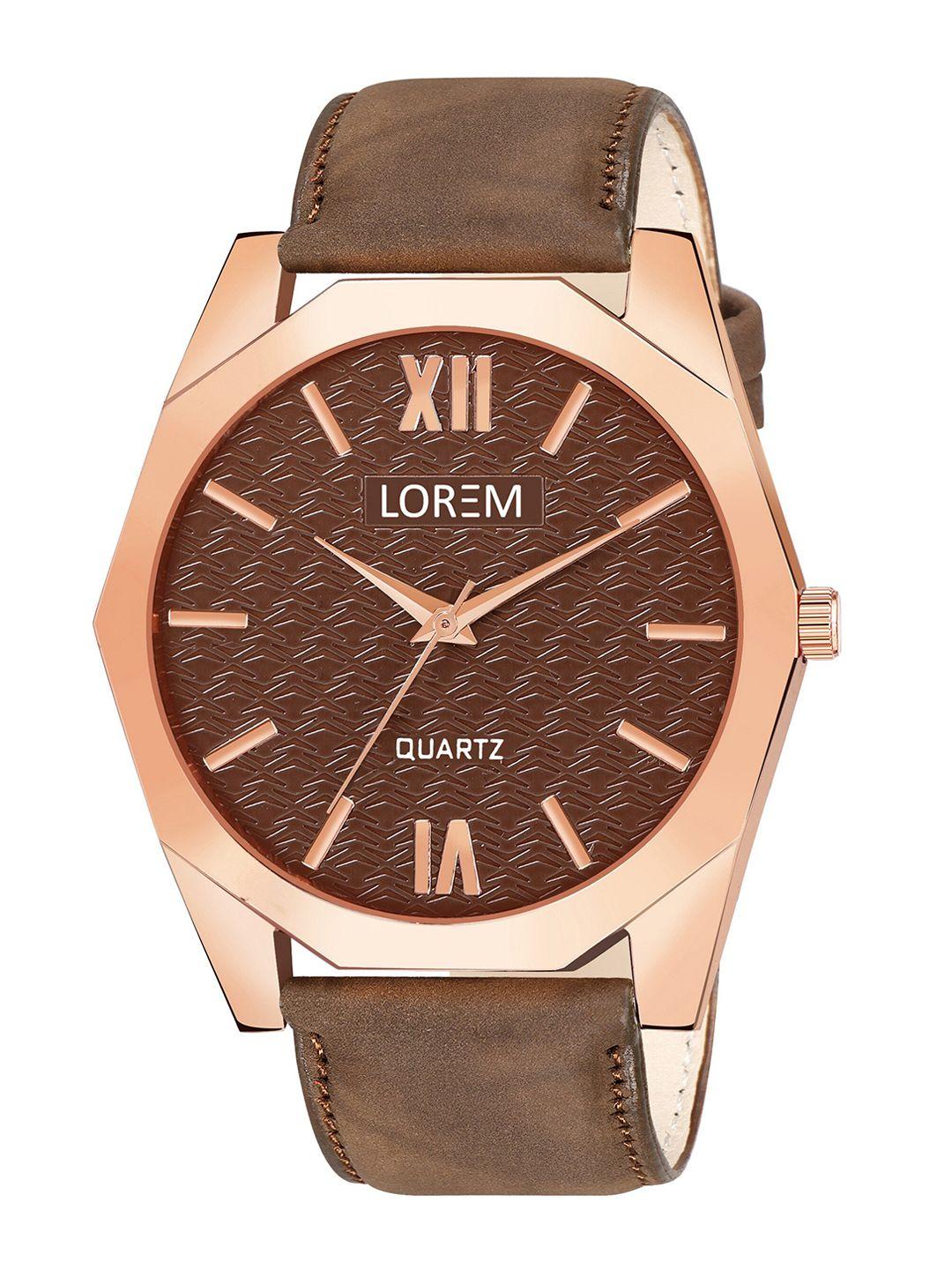 lorem men brass dial & leather straps analogue watch lr83