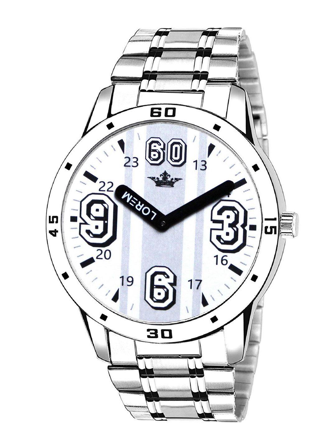lorem men silver-toned printed dial & silver toned stainless steel bracelet style straps analogue watch