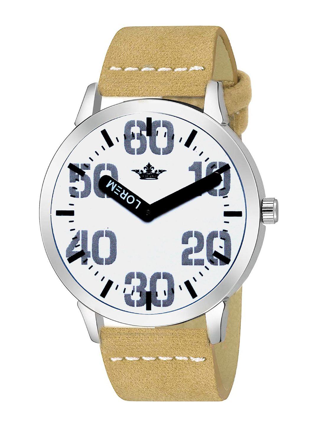 lorem men white dial & beige leather bracelet style straps analogue watch lr62