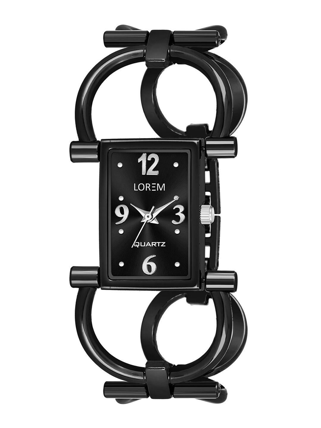 lorem women black brass patterned dial & black bracelet style straps analogue watch lr292