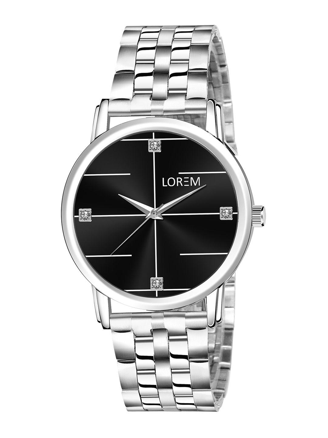 lorem women black dial & silver toned stainless steel straps analogue watch lr320