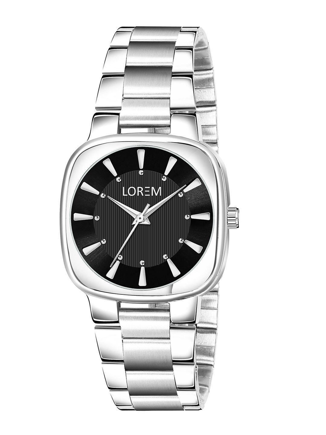 lorem women black dial & silver toned stainless steel straps analogue watch
