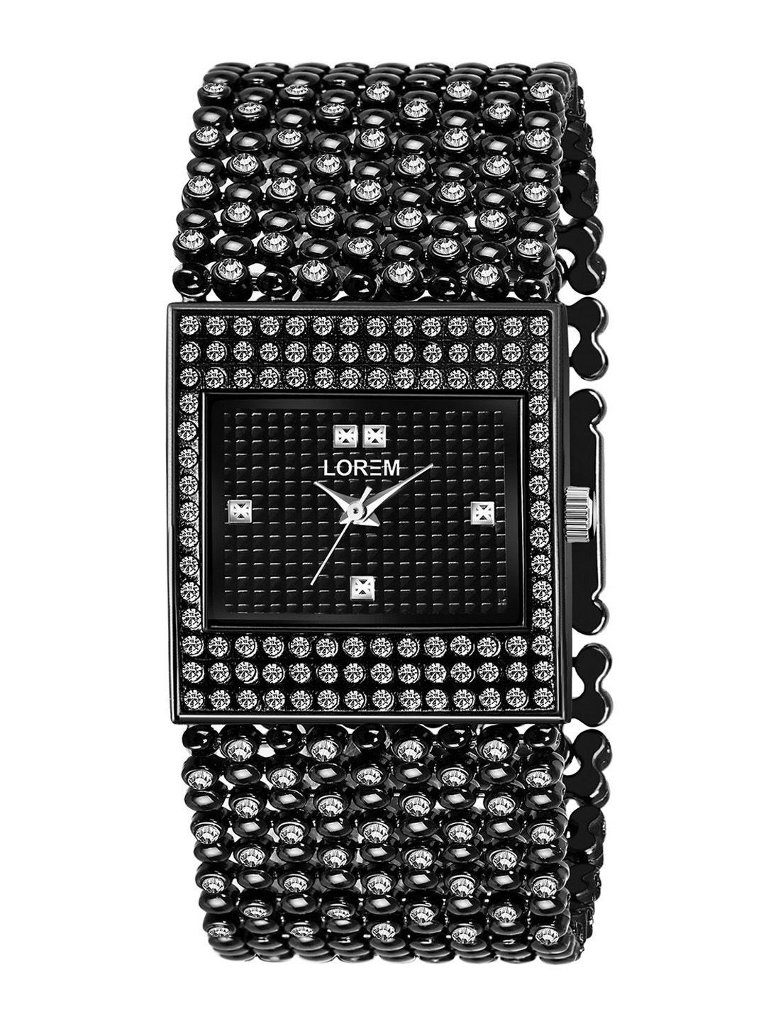 lorem women black embellished dial & black straps analogue watch lr286-cm-black