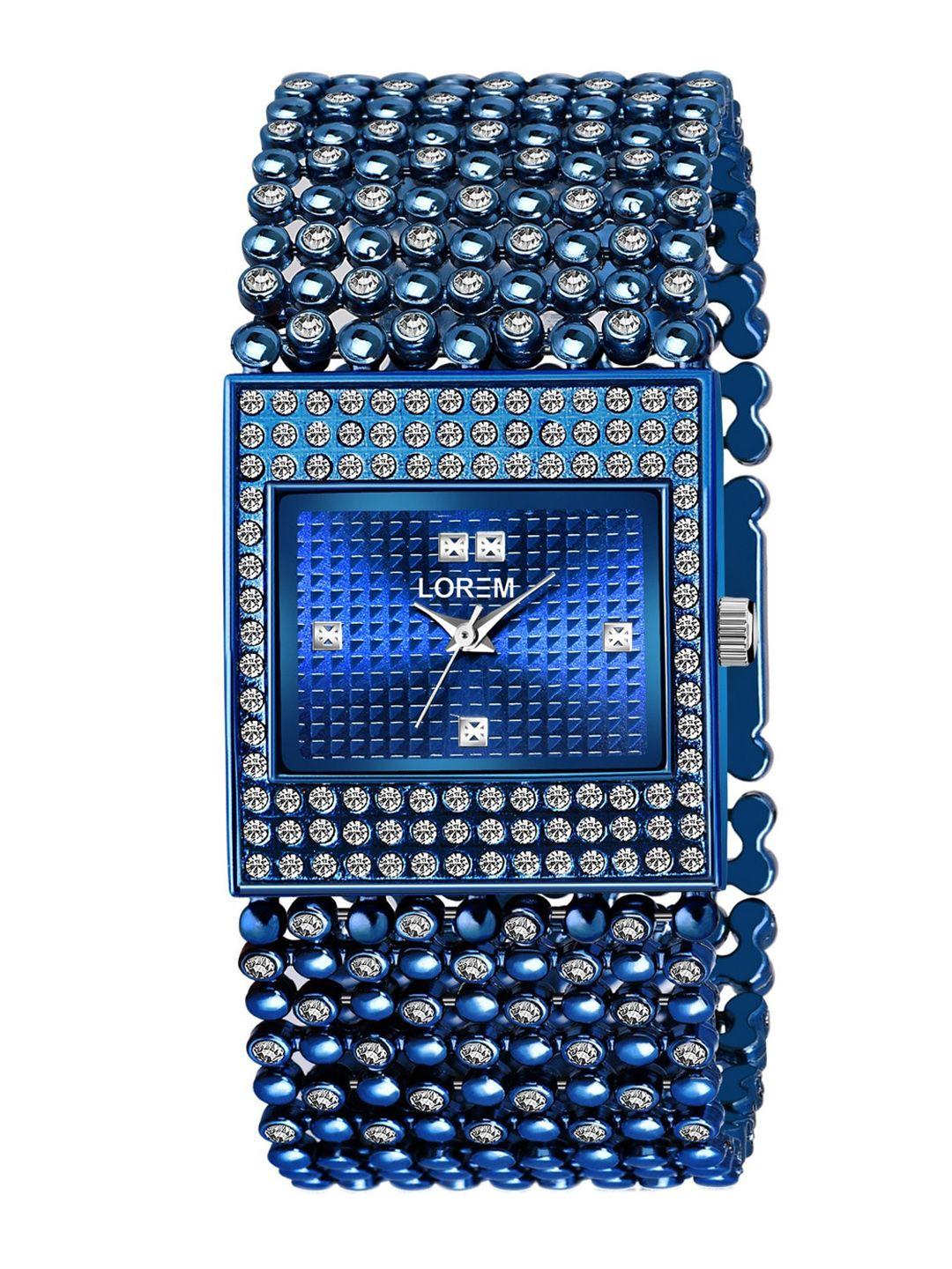 lorem women blue embellished dial & blue bracelet style straps analogue watch