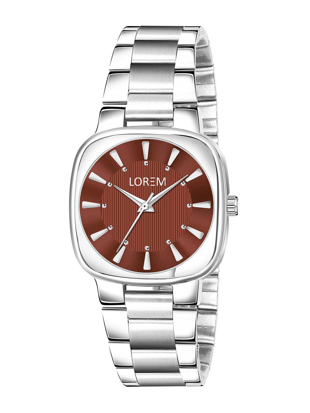 lorem women brown dial & silver toned stainless steel straps analogue watch lr303
