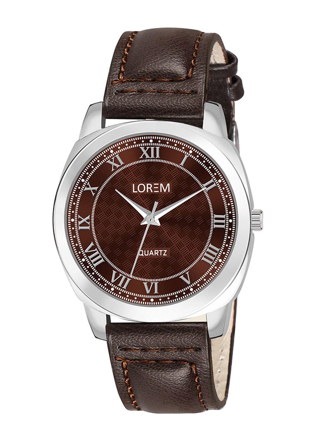 lorem women embellished dial & brown textured straps analogue watch lr338-cm