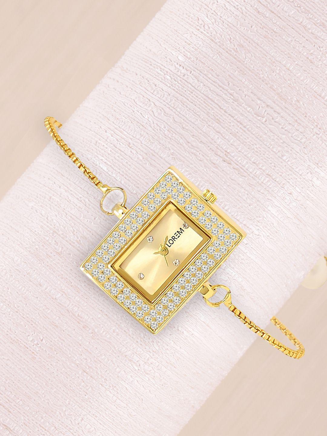 lorem women gold-toned embellished dial & gold toned bracelet style straps analogue watch lr247