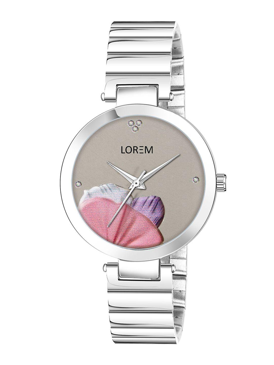 lorem women grey printed dial & silver toned bracelet style straps analogue watch lr312