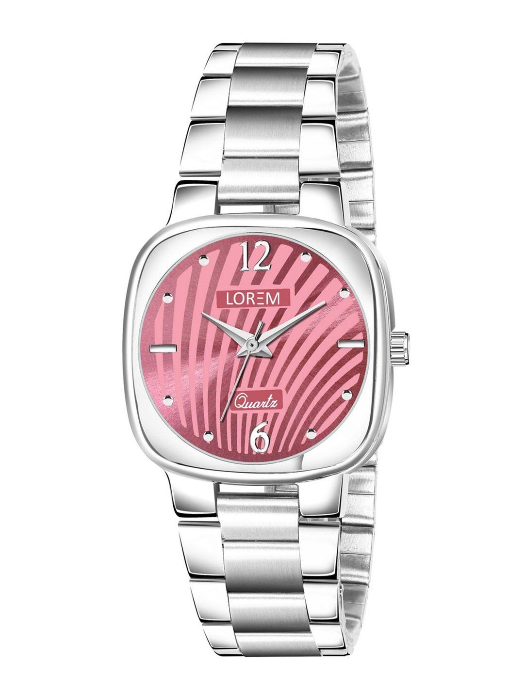 lorem women pink dial & silver toned bracelet style straps analogue watch lr308-cm