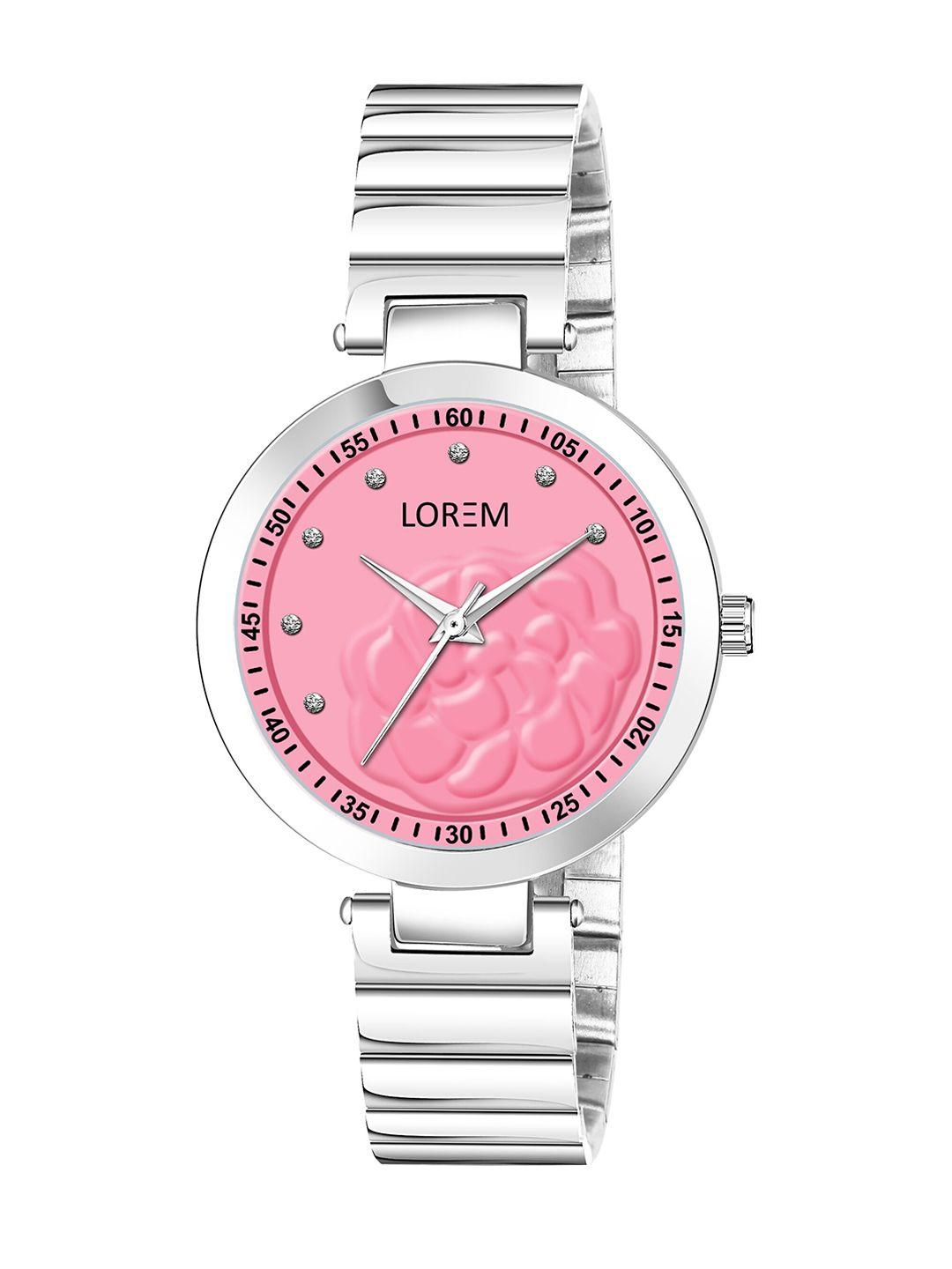 lorem women pink dial & silver toned bracelet style straps analogue watch lr318