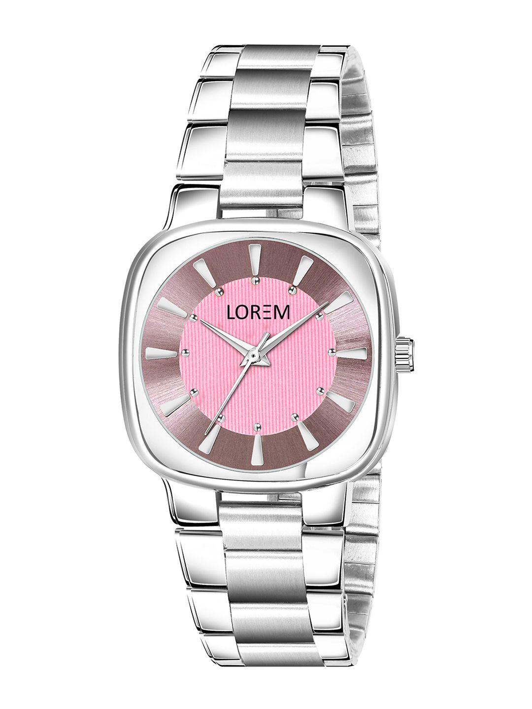 lorem women pink embellished dial & silver toned stainless steel straps analogue watch