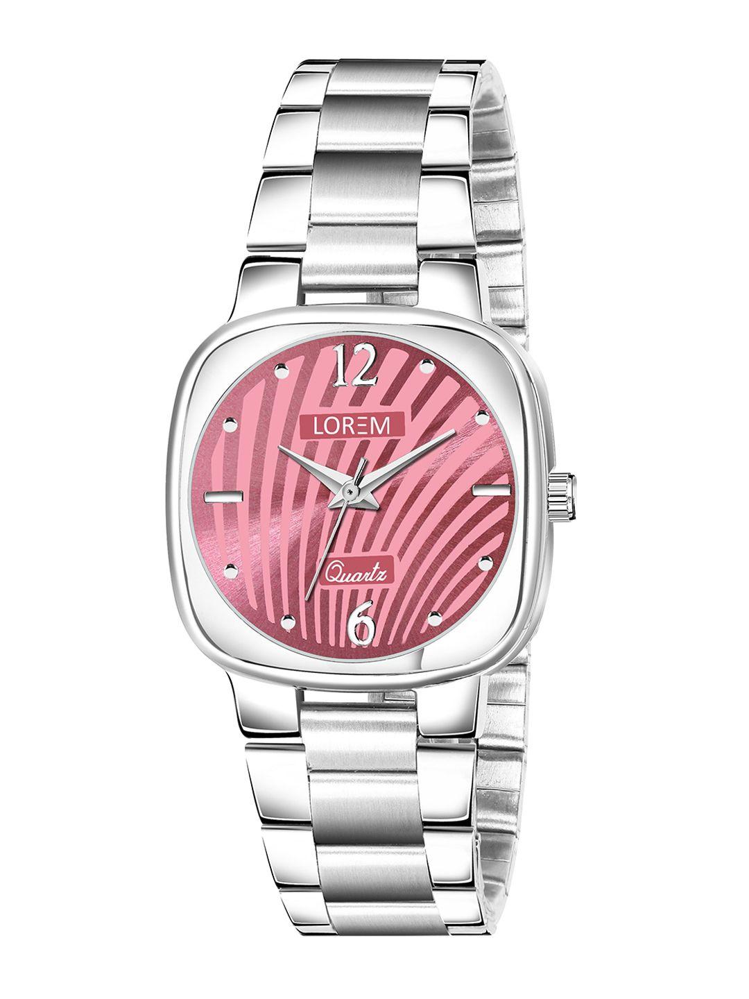 lorem women pink printed dial & silver toned stainless steel straps analogue watch lr308