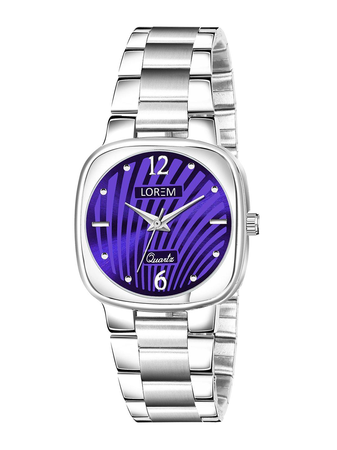 lorem women purple dial & silver toned stainless steel straps analogue watch