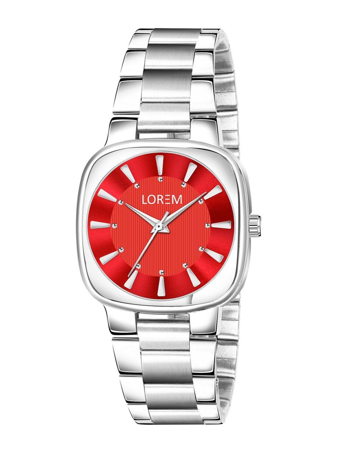 lorem women red dial & silver toned bracelet style straps analogue watch lr304-cm
