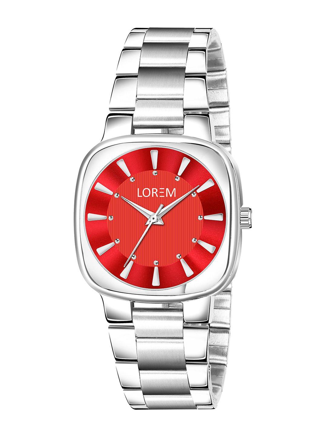 lorem women red dial & silver toned bracelet style straps analogue watch lr304