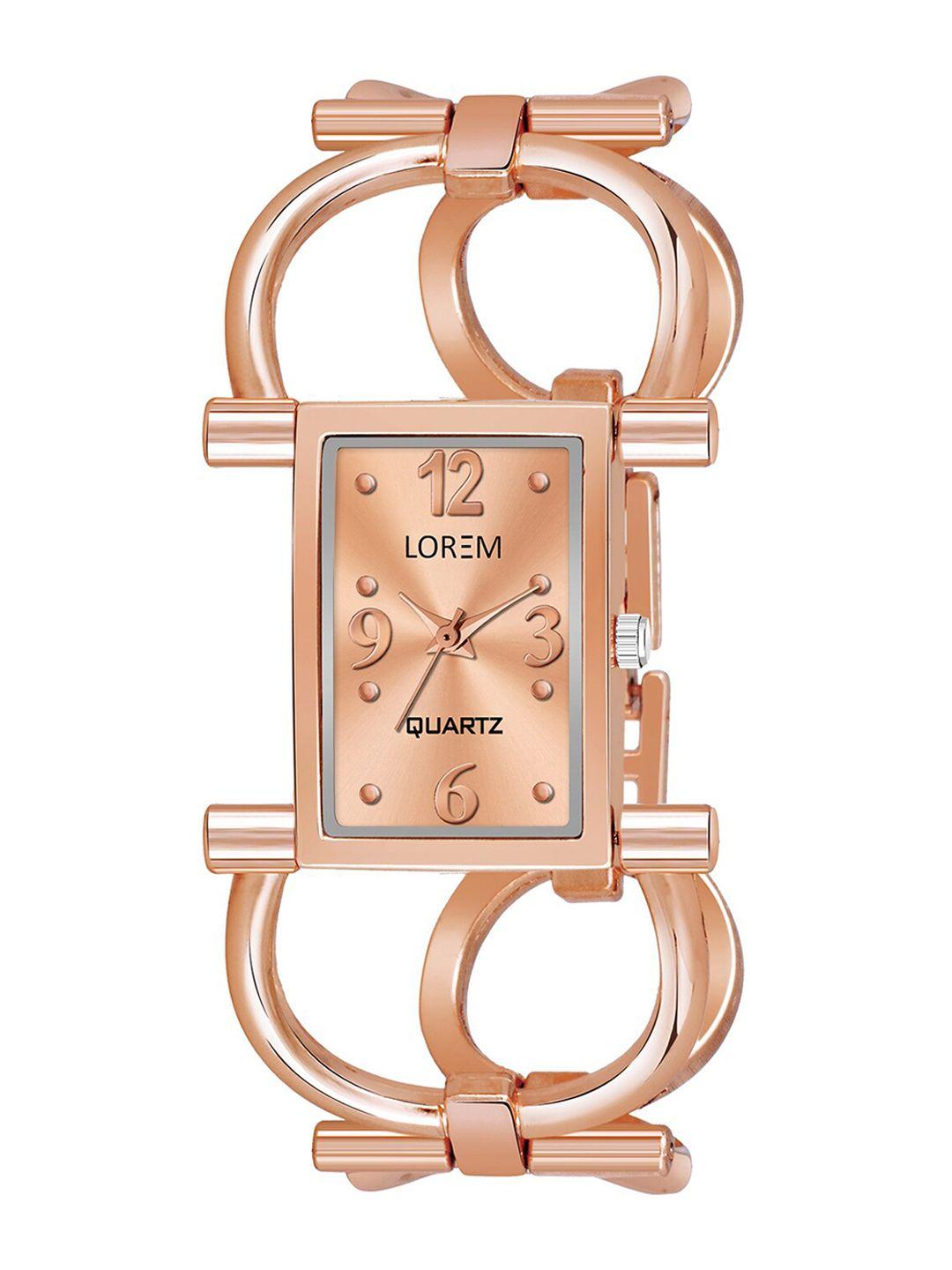 lorem women rose gold-toned brass patterned dial & rose gold toned bracelet style straps analogue watch
