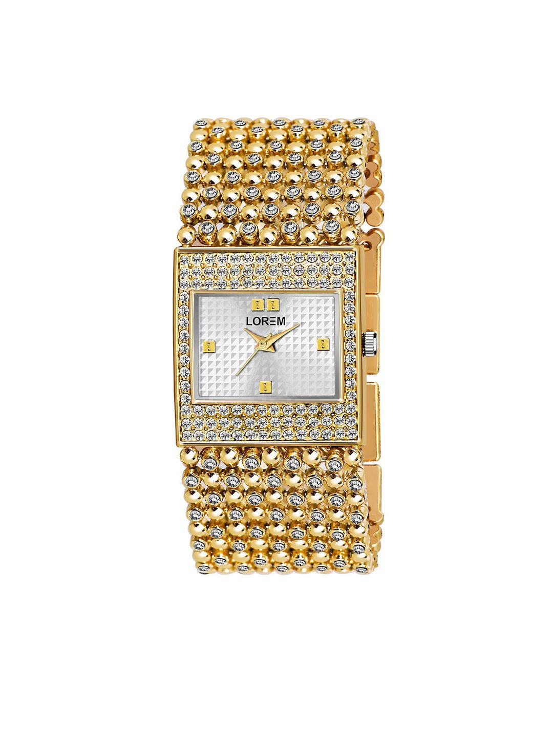 lorem women silver-toned embellished dial & gold toned bracelet style straps analogue watch
