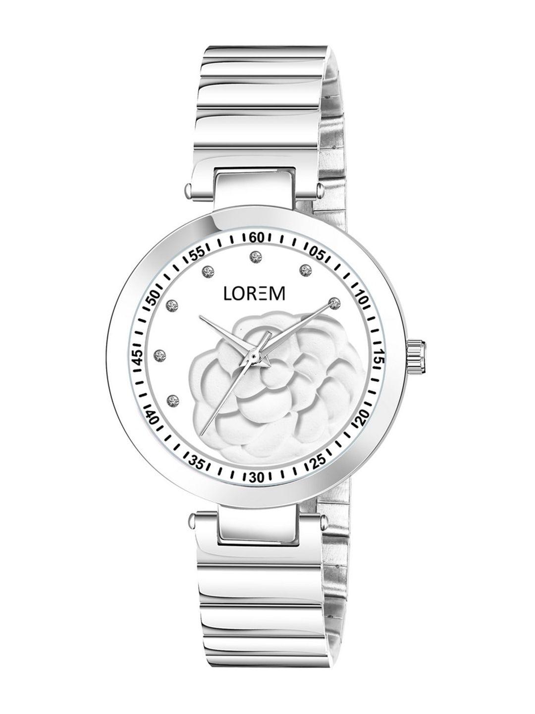lorem women white embellished dial & silver toned straps analogue watch lr319-cm