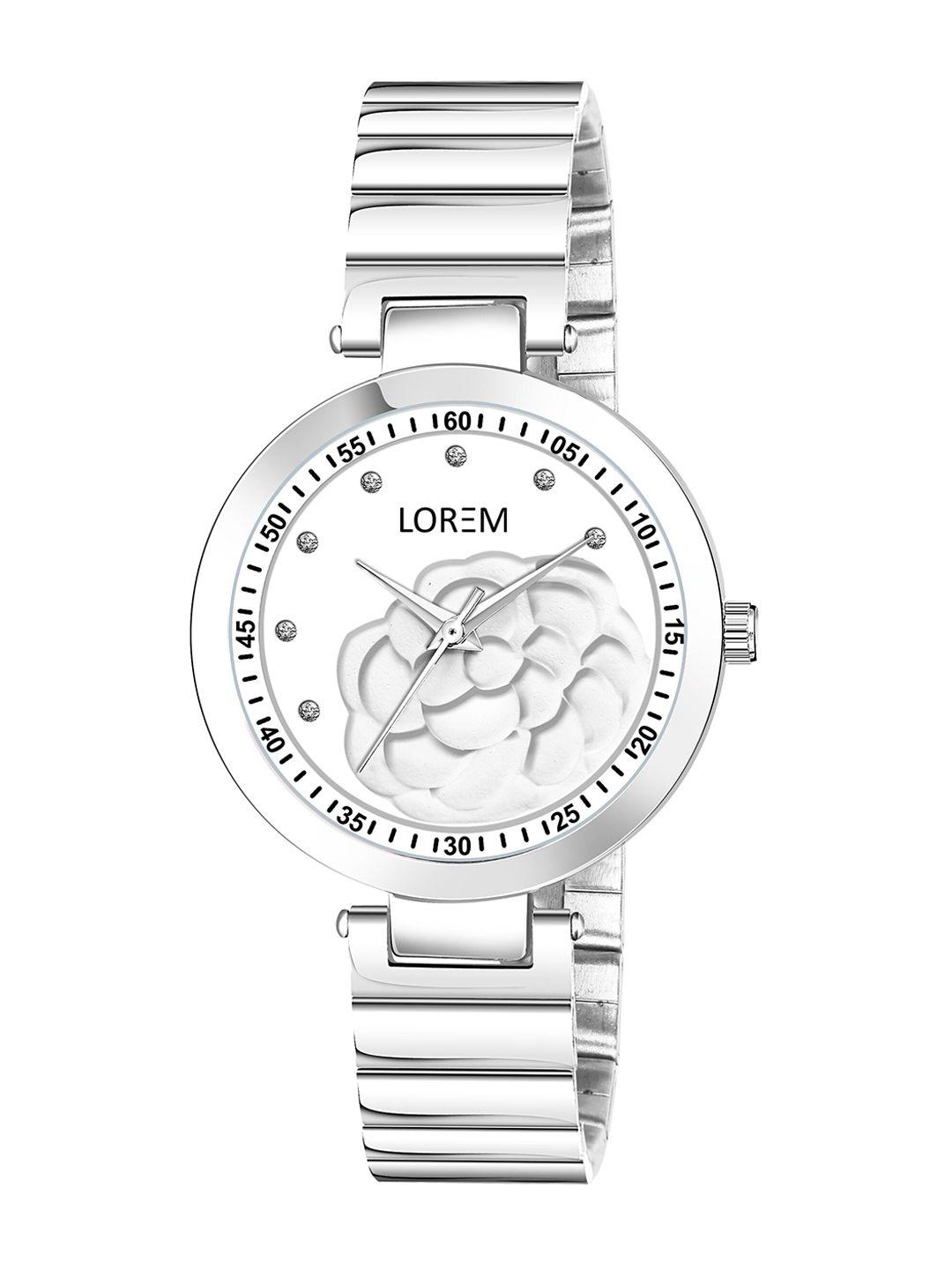 lorem women white printed dial & silver toned bracelet style straps analogue watch lr319