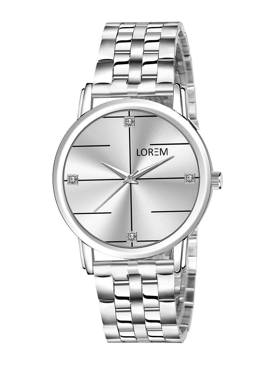 lorem women white printed dial & silver toned stainless steel bracelet style straps analogue watch