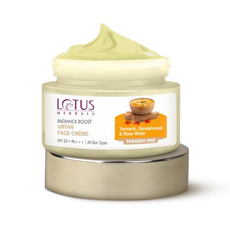 lotus herbals radiance boost ubtan face cream spf 20| turmeric, sandalwood and rose water| glowing skin|reducing dark spots| paraben free|mineral oil free | 50gm