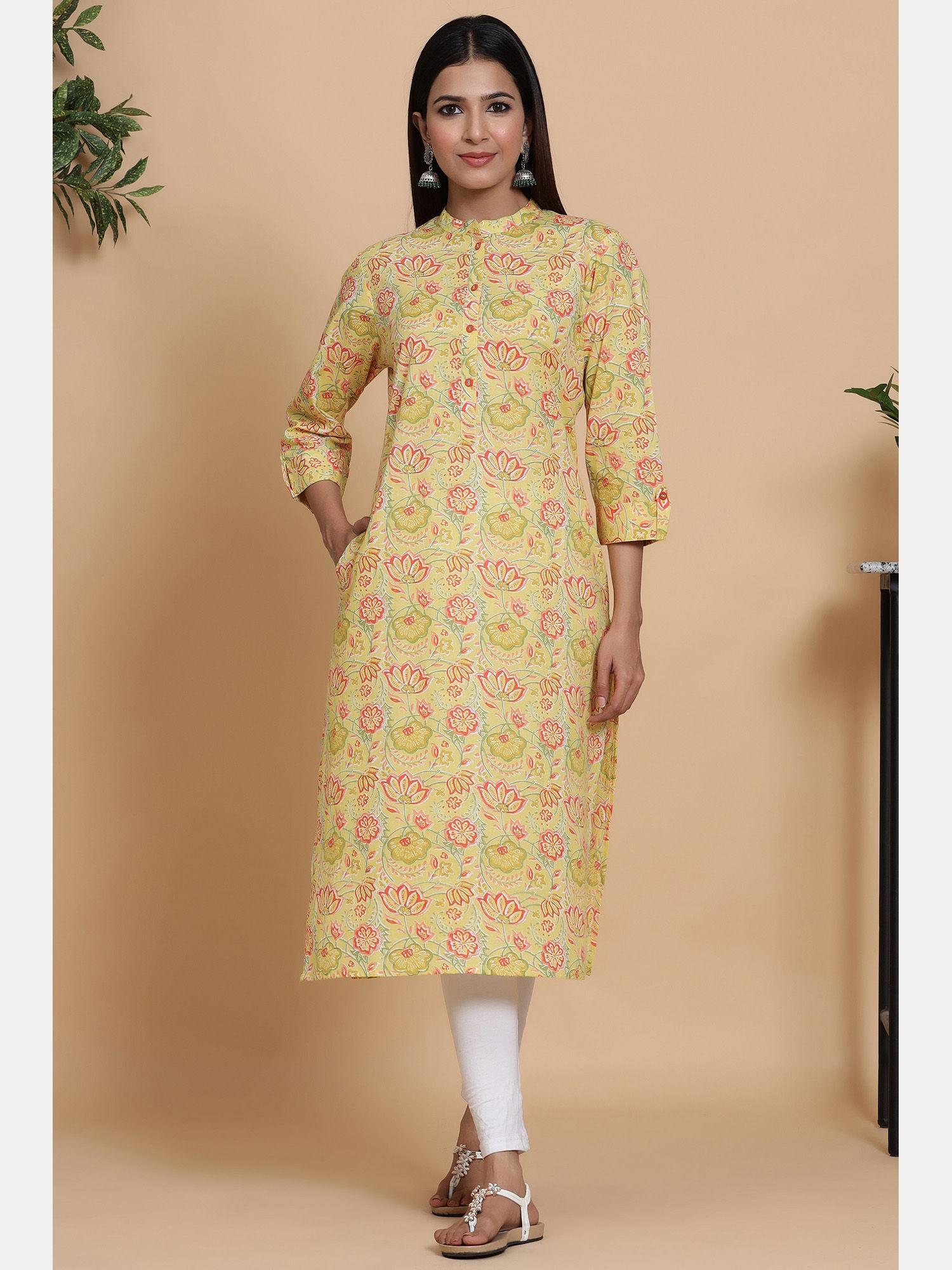 lotus blossom printed lime yellow straight fit kurta