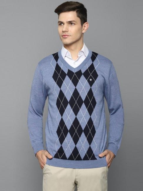 louis philippe blue cotton regular fit printed sweater