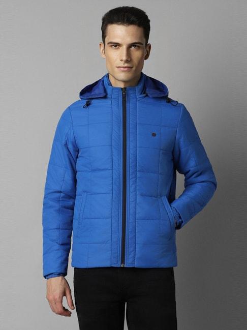 louis philippe blue cotton regular fit quilted hooded jacket