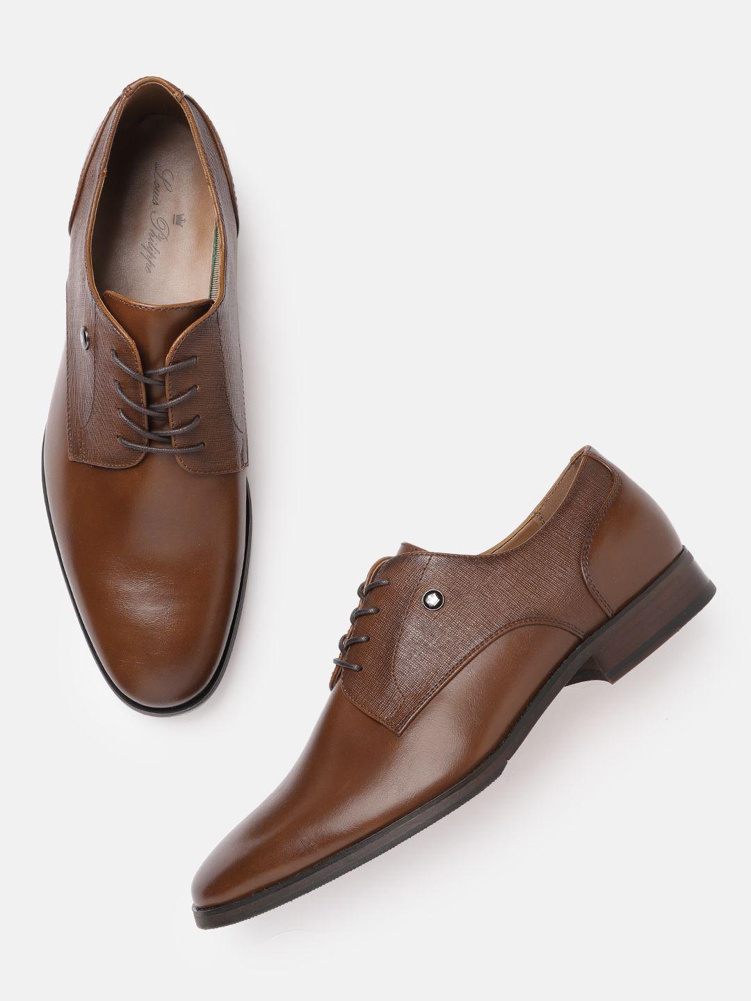 louis philippe coffee brown solid leather formal derbys with saffiano textured detail