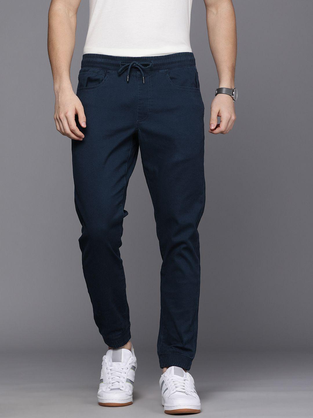 louis philippe jeans men navy blue joggers fit low-rise  trousers