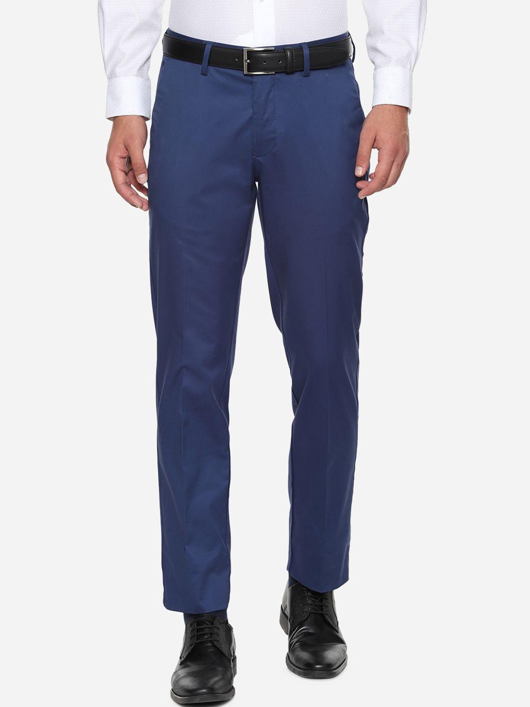 louis philippe men blue regular fit solid regular trousers
