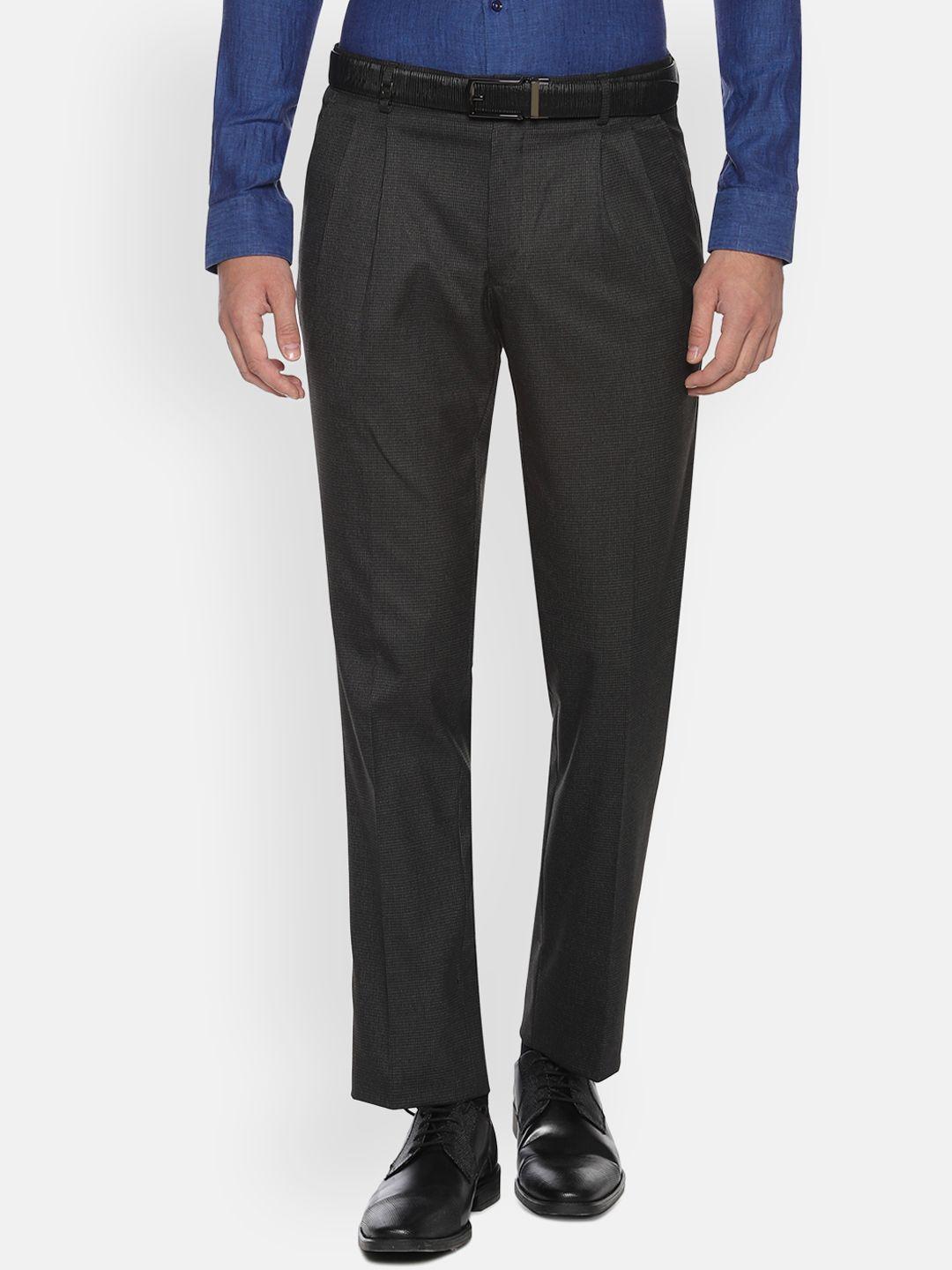 louis philippe men charcoal grey regular fit self design formal trousers