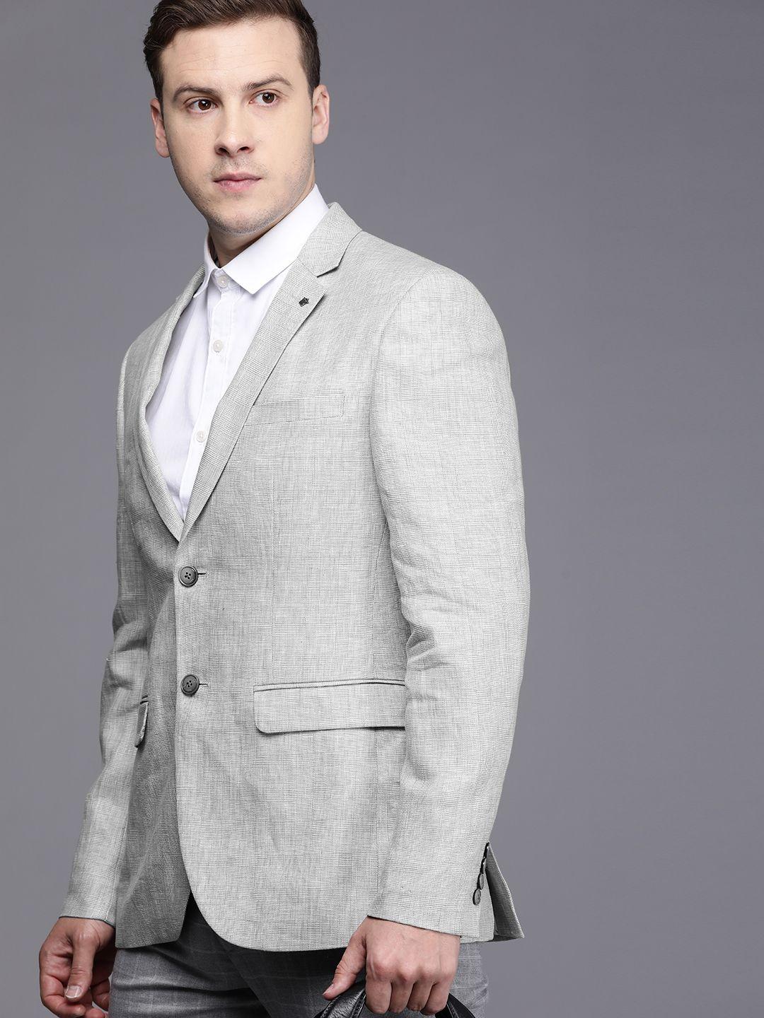 louis philippe men grey self design checked single-breasted slim-fit linen formal blazer