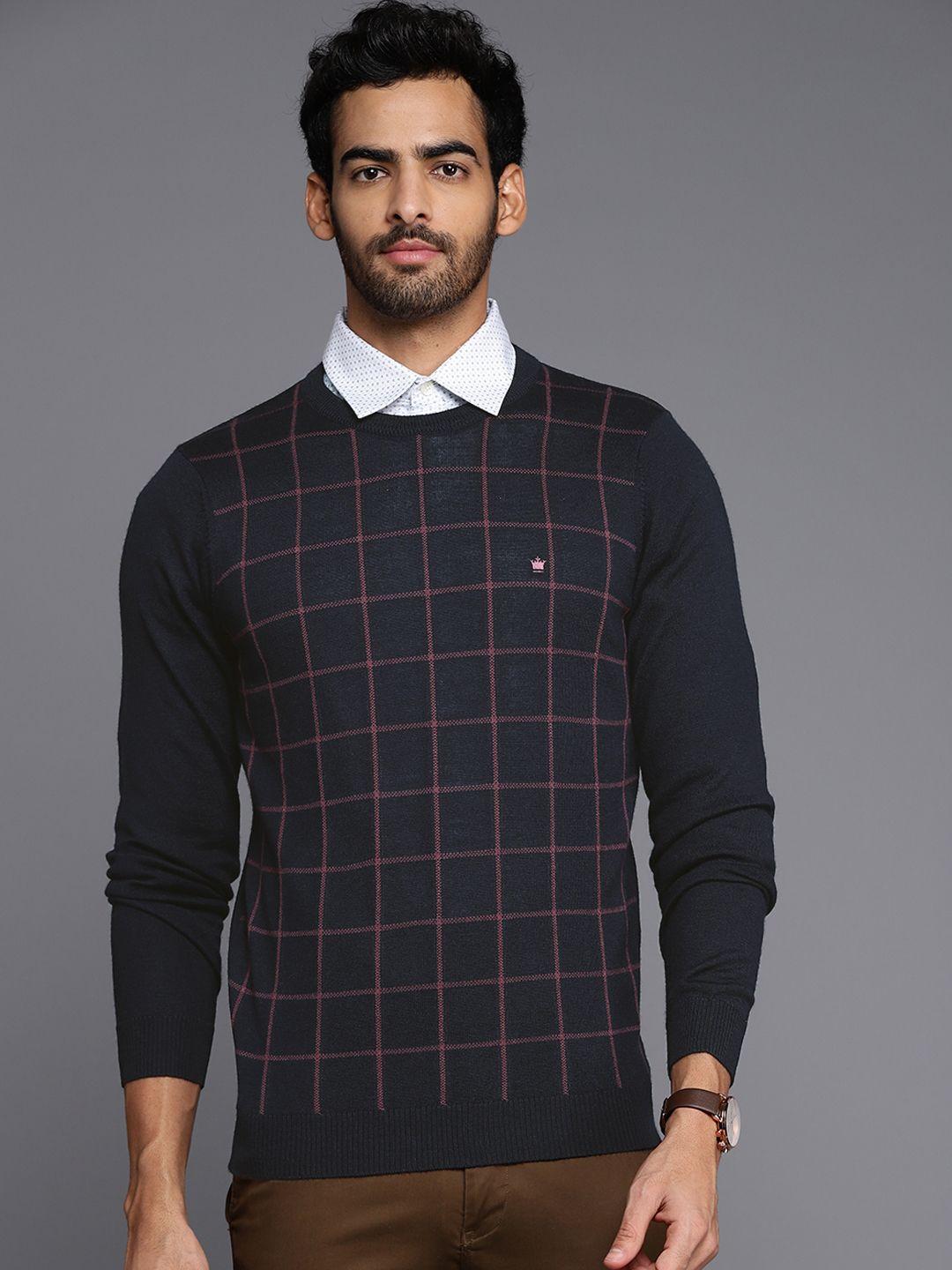louis philippe men navy blue & pink checked pullover